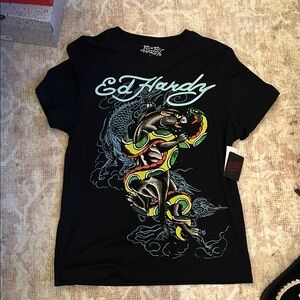 Ed Hardy Black Tee with Vibrant Snake and Dragon Art